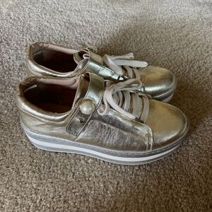 Ladies metallic wedge platform sneakers with pearl accent